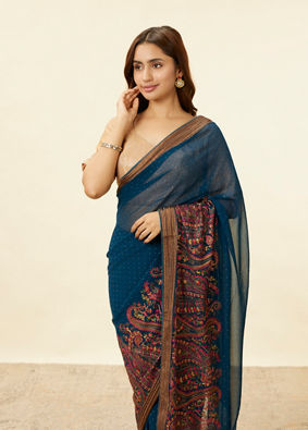Teal Blue Stone Embellished Paisley Embroidered Saree image number 1